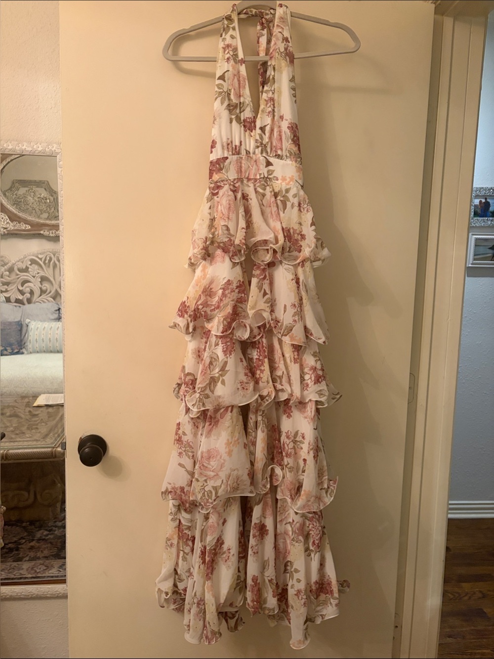 Floral Ruffle Halter Maxi Dress in Ivory and Blush